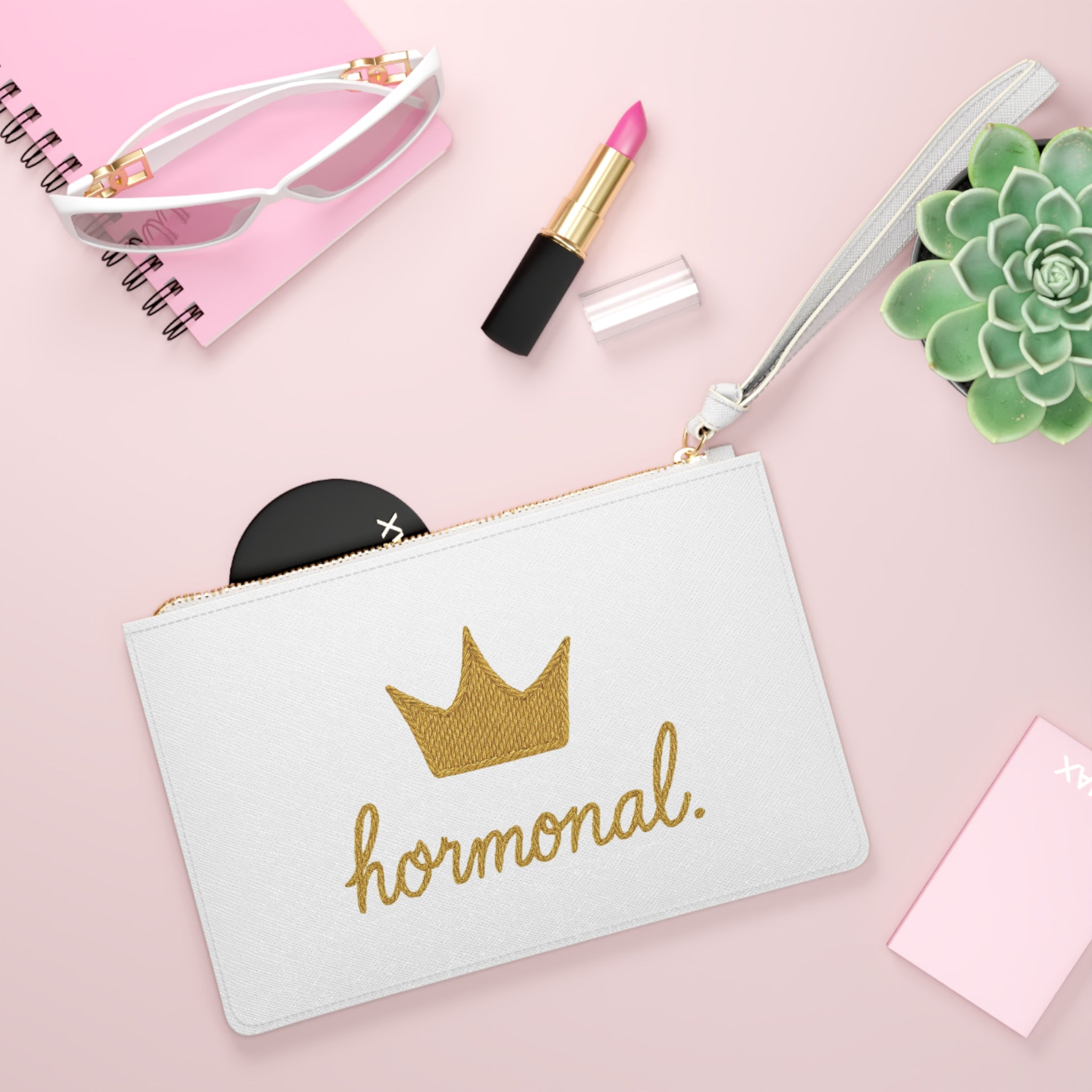White Embroidery Print Clutch Bag with Hormonal Design