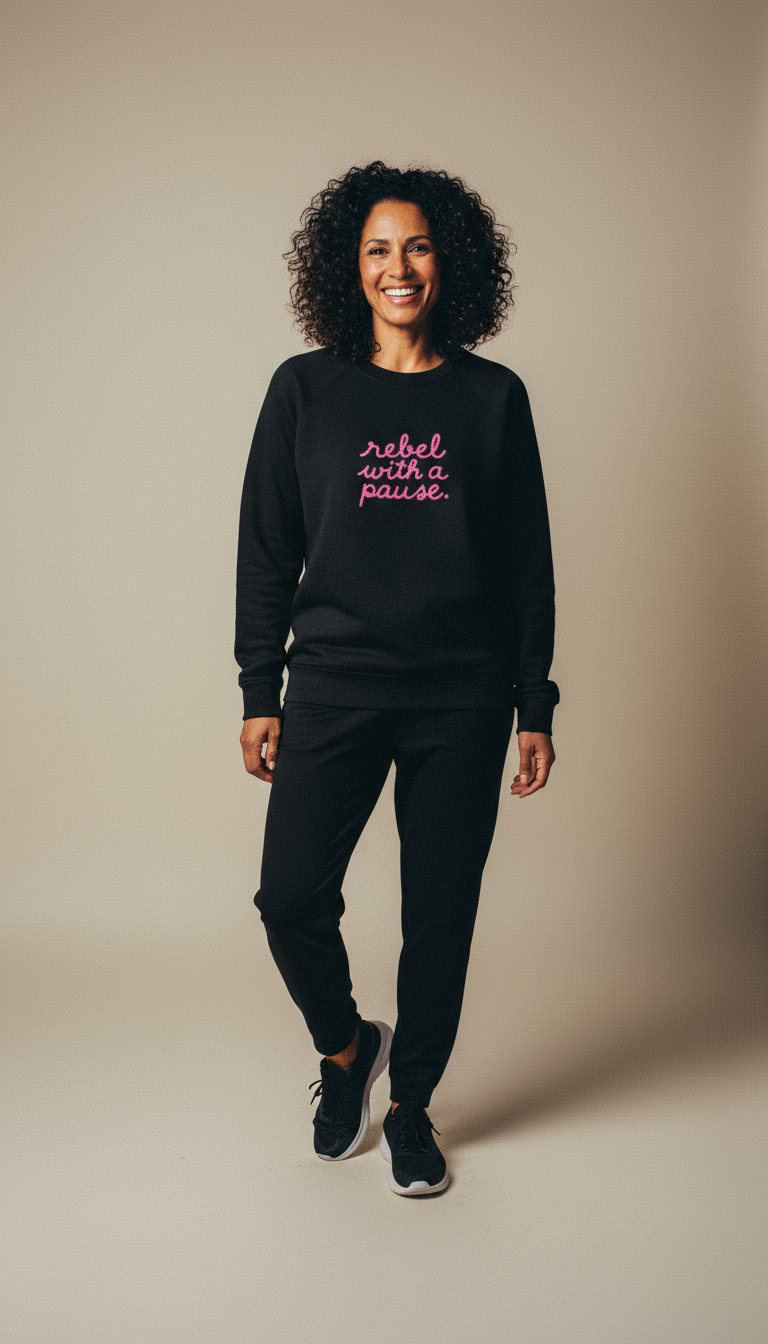 Person wearing a black sweatshirt with 'rebel with a pause' text on a beige background