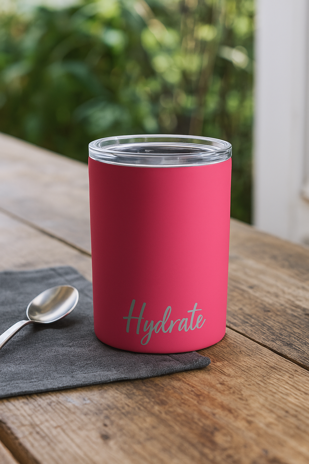 Pink insulated tumbler with 'Hydrate' on a wooden table