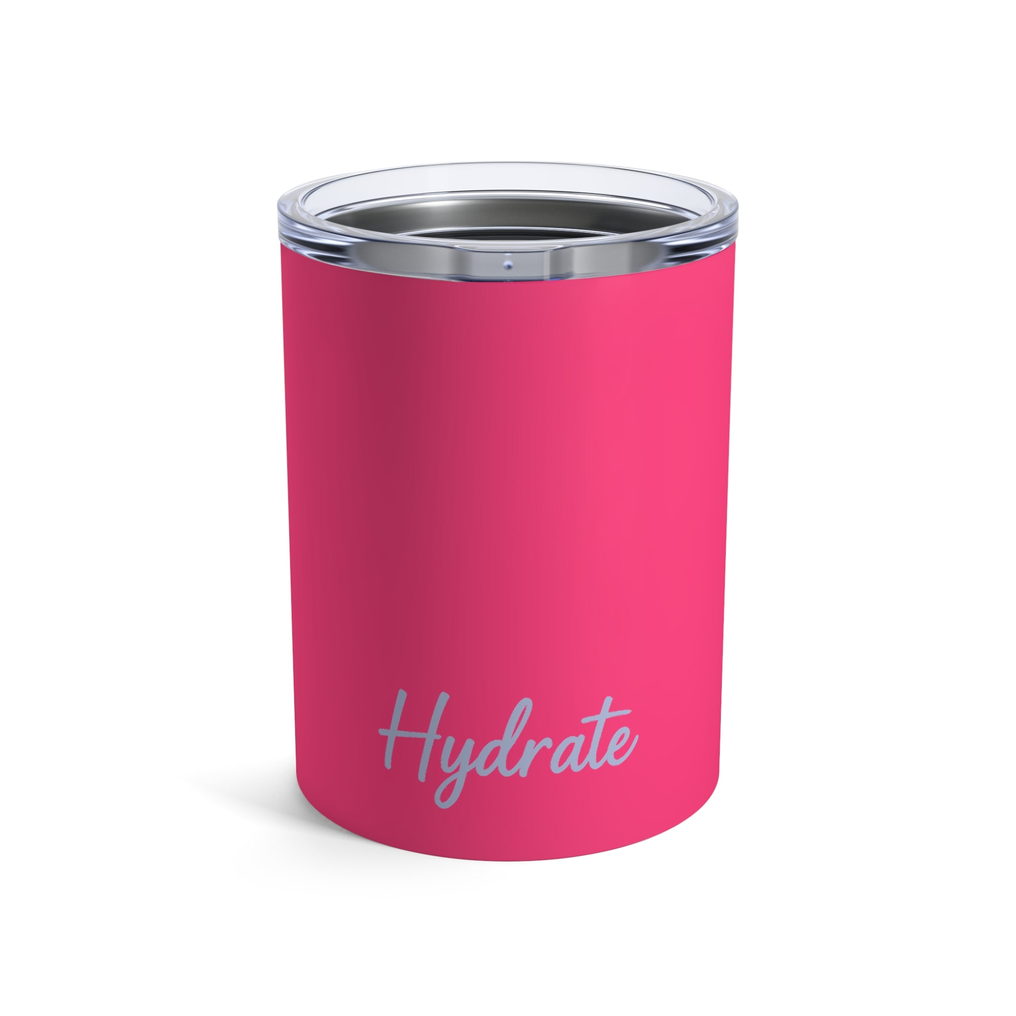 Pink tumbler with 'Hydrate' text on a white background